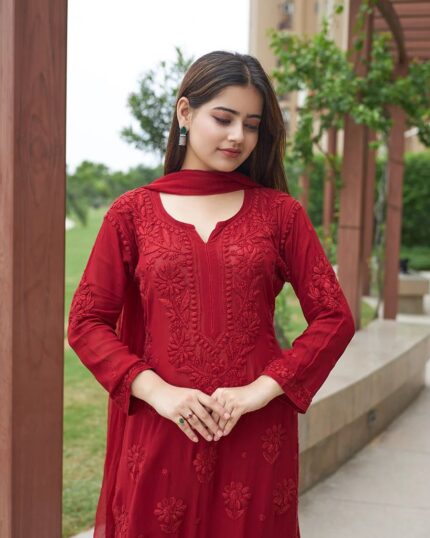 FESTIVE RED CHIKANKARI SUIT